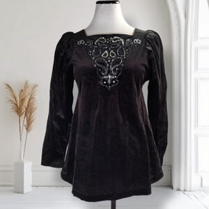 Vintage Tom Bezuda Gothic Velvet Top Black Sequin Puff Sleeve 90s S